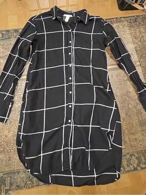 H&M Black X Long Button-Down Shirt with White Windowpane Check & Pockets